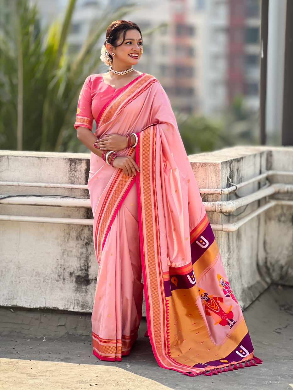 Pink Pure Rakhumai Silk Vitthala Paithani Soft Silk Saree 