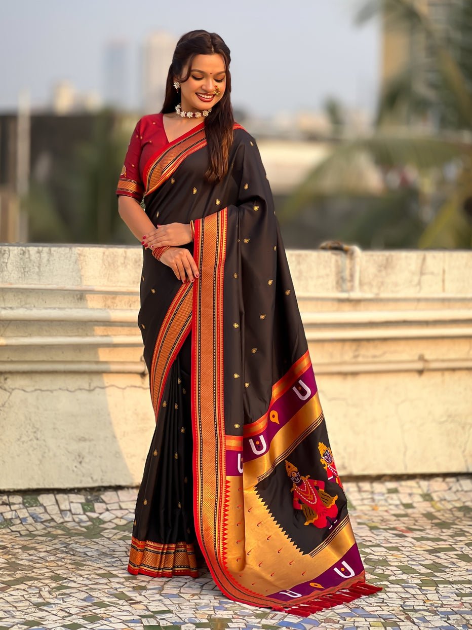 Black Pure Rakhumai Silk Vitthala Paithani Soft Silk Saree 