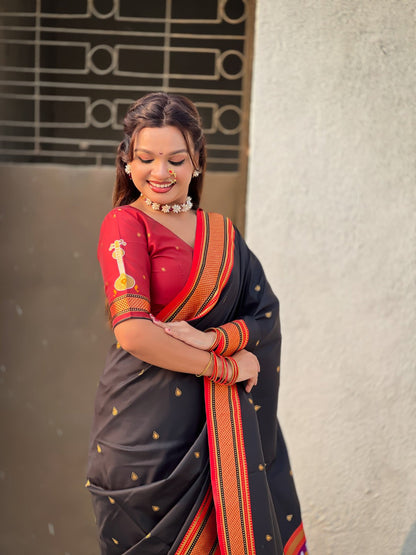 Black Pure Rakhumai Silk Vitthala Paithani Soft Silk Saree 