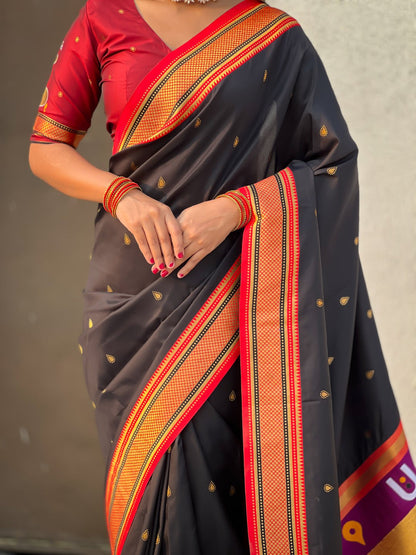 Black Pure Rakhumai Silk Vitthala Paithani Soft Silk Saree 