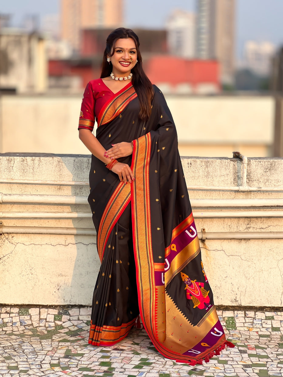 Black Pure Rakhumai Silk Vitthala Paithani Soft Silk Saree 