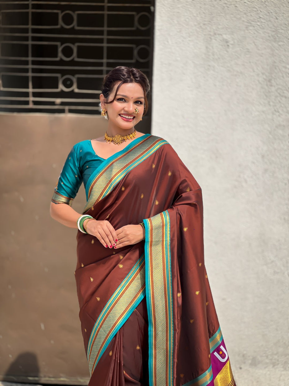 Brown Pure Rakhumai Silk Vitthala Paithani Soft Silk Saree 