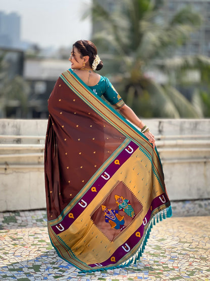 Brown Pure Rakhumai Silk Vitthala Paithani Soft Silk Saree 