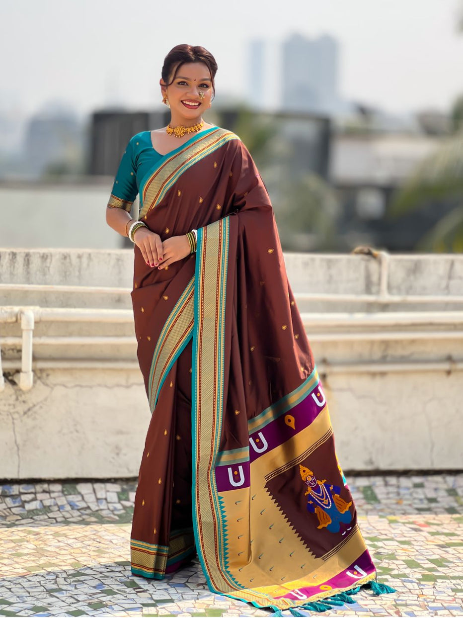 Brown Pure Rakhumai Silk Vitthala Paithani Soft Silk Saree 