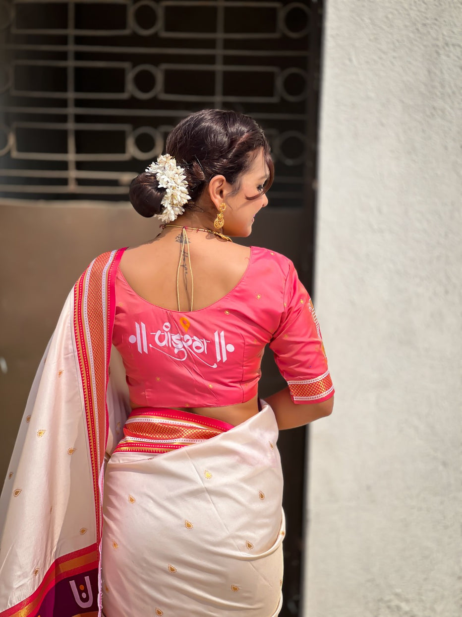 White Pure Rakhumai Silk Vitthala Paithani Soft Silk Saree 