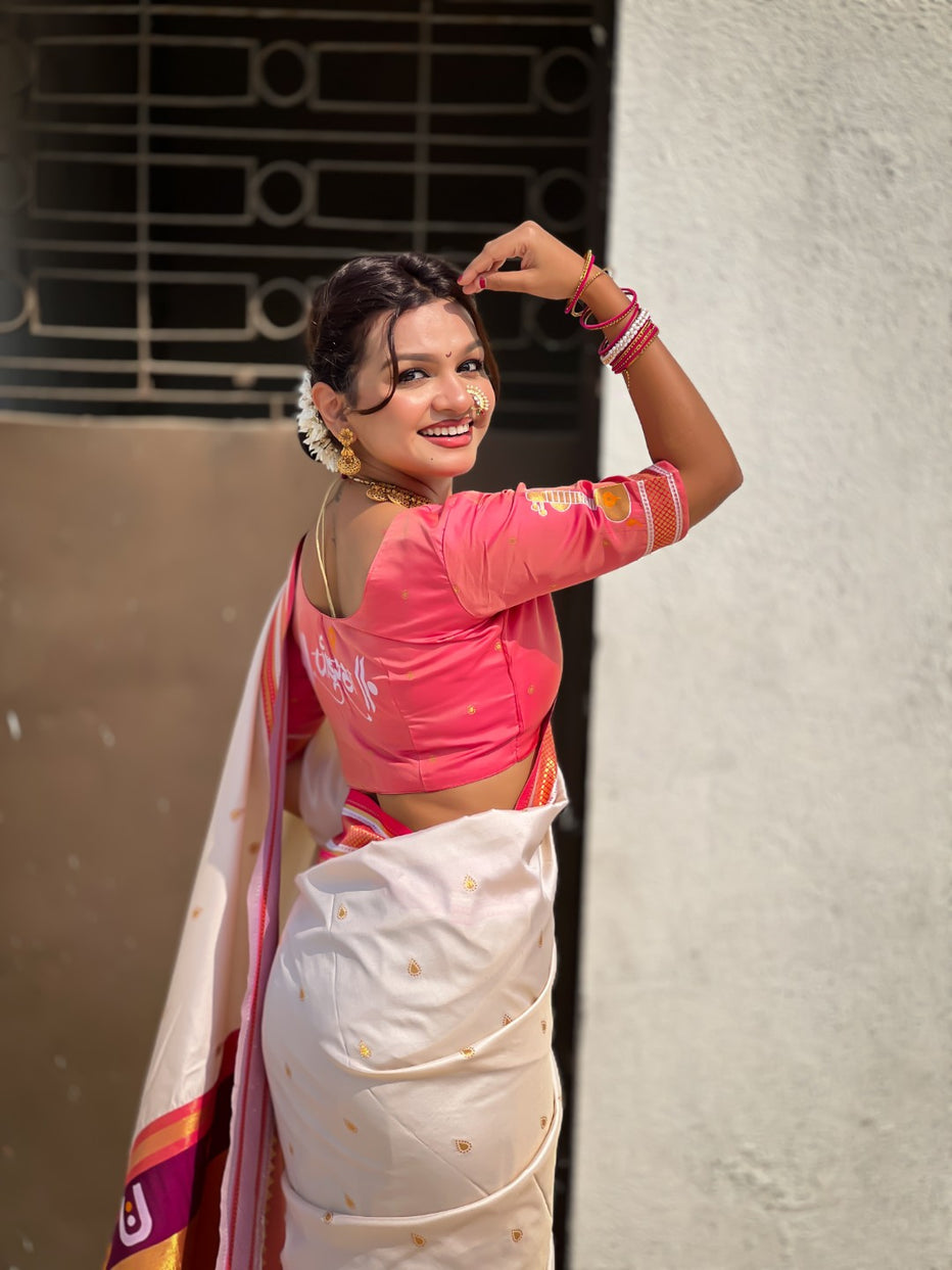 White Pure Rakhumai Silk Vitthala Paithani Soft Silk Saree 