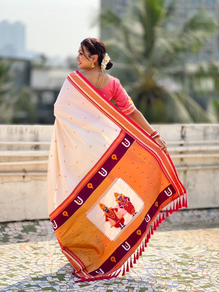 White Pure Rakhumai Silk Vitthala Paithani Soft Silk Saree 