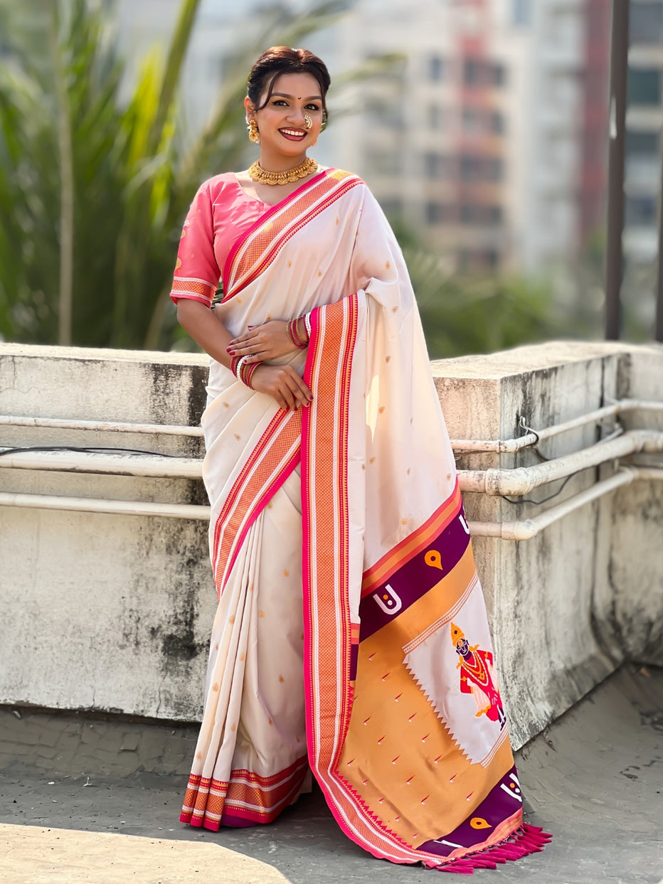 White Pure Rakhumai Silk Vitthala Paithani Soft Silk Saree 