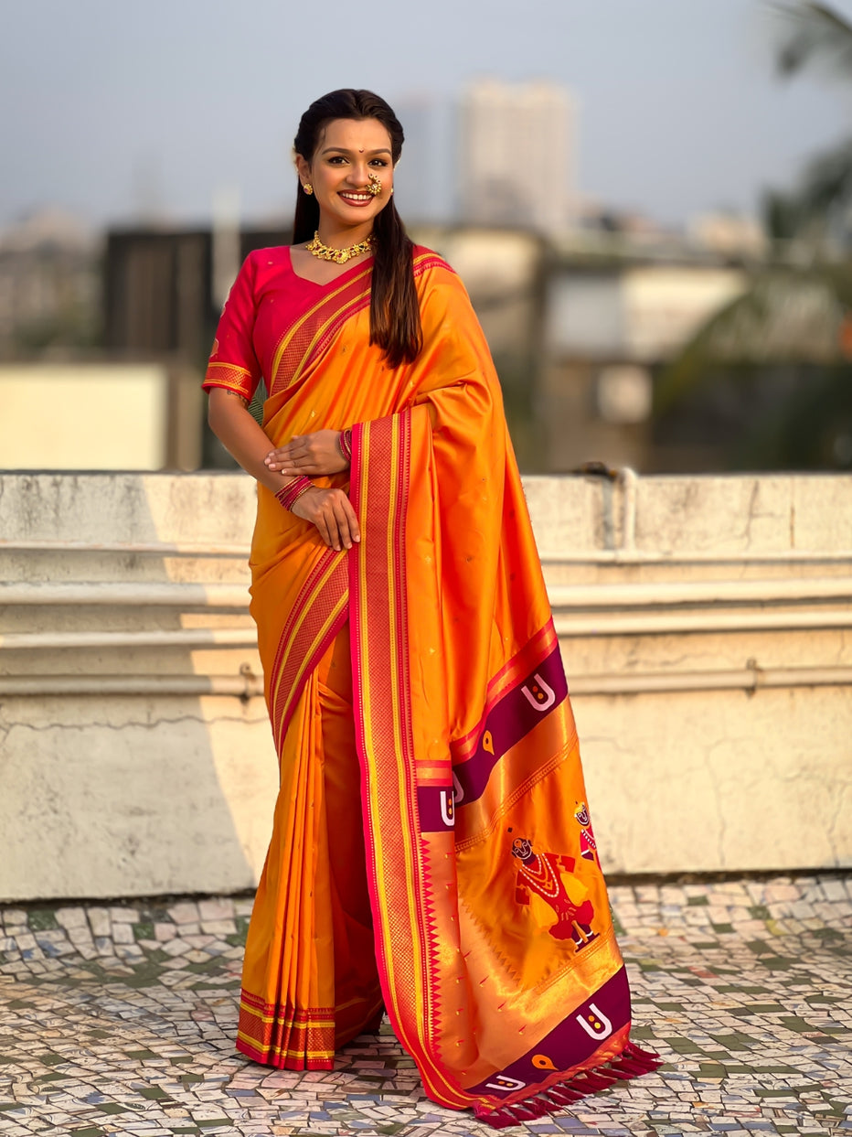 Orange Pure Rakhumai Silk Vitthala Paithani Soft Silk Saree 