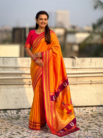 Orange Pure Rakhumai Silk Vitthala Paithani Soft Silk Saree 