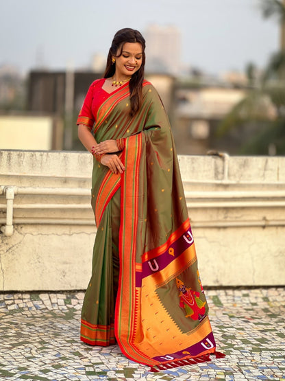 Mahendi Pure Rakhumai Silk Vitthala Paithani Soft Silk Saree 