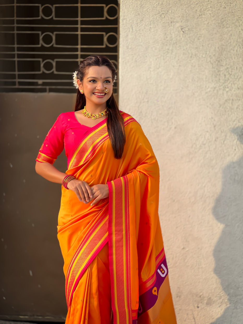 Orange Pure Rakhumai Silk Vitthala Paithani Soft Silk Saree 