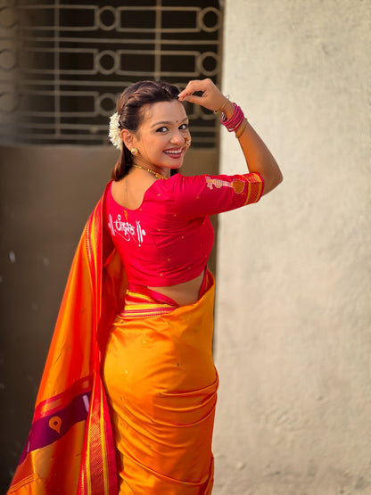Orange Pure Rakhumai Silk Vitthala Paithani Soft Silk Saree 