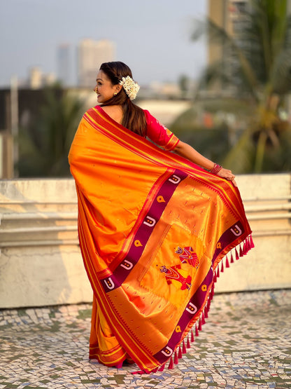 Orange Pure Rakhumai Silk Vitthala Paithani Soft Silk Saree 