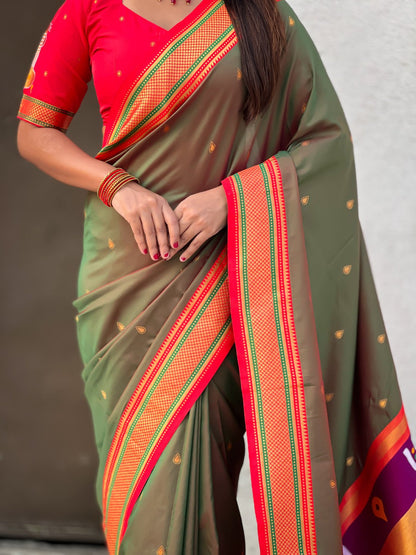 Mahendi Pure Rakhumai Silk Vitthala Paithani Soft Silk Saree 