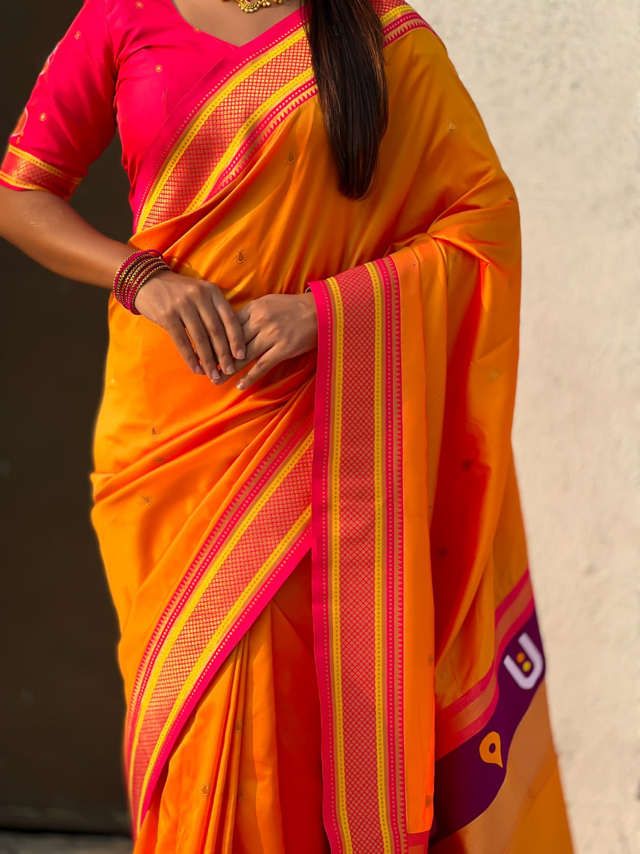 Orange Pure Rakhumai Silk Vitthala Paithani Soft Silk Saree 