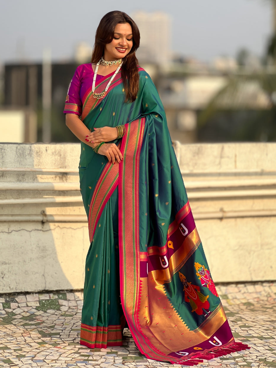 Bottle Green Pure Rakhumai Silk Vitthala Paithani Soft Silk Saree 
