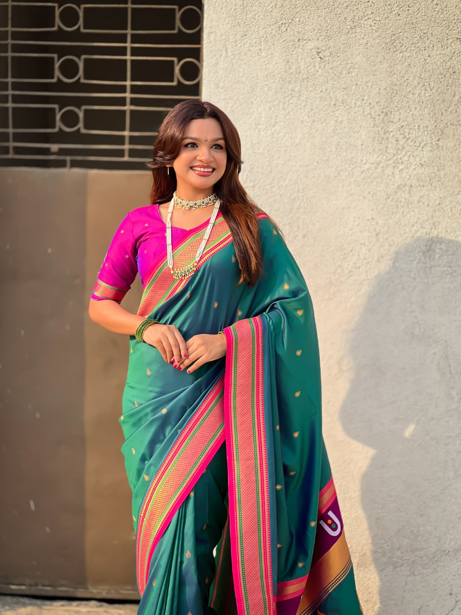 Bottle Green Pure Rakhumai Silk Vitthala Paithani Soft Silk Saree 