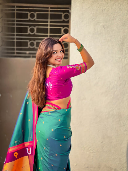 Bottle Green Pure Rakhumai Silk Vitthala Paithani Soft Silk Saree 
