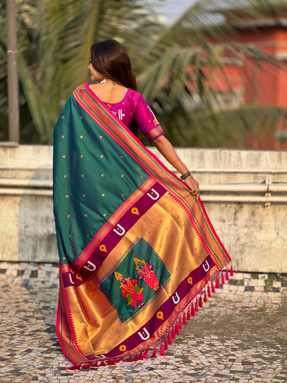 Bottle Green Pure Rakhumai Silk Vitthala Paithani Soft Silk Saree 