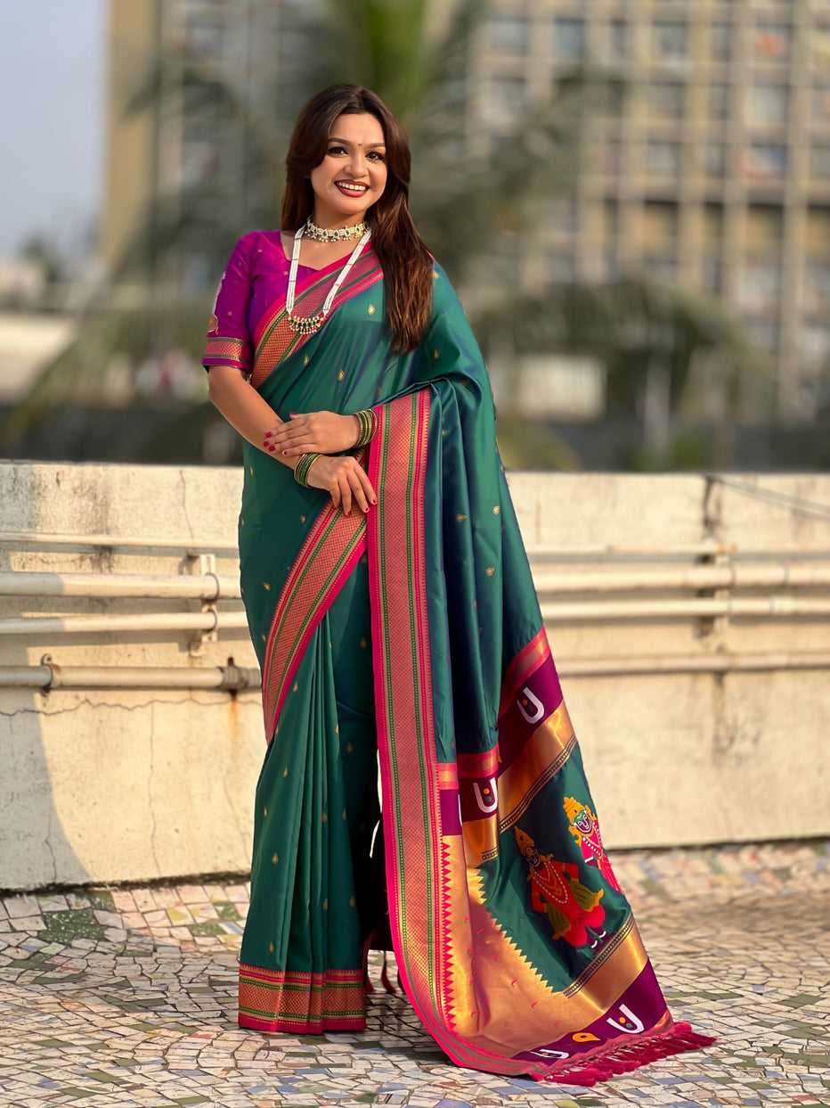 Bottle Green Pure Rakhumai Silk Vitthala Paithani Soft Silk Saree 