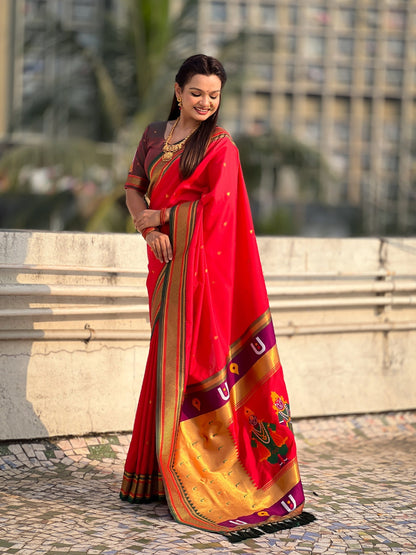 Red Pure Rakhumai Silk Vitthala Paithani Soft Silk Saree 