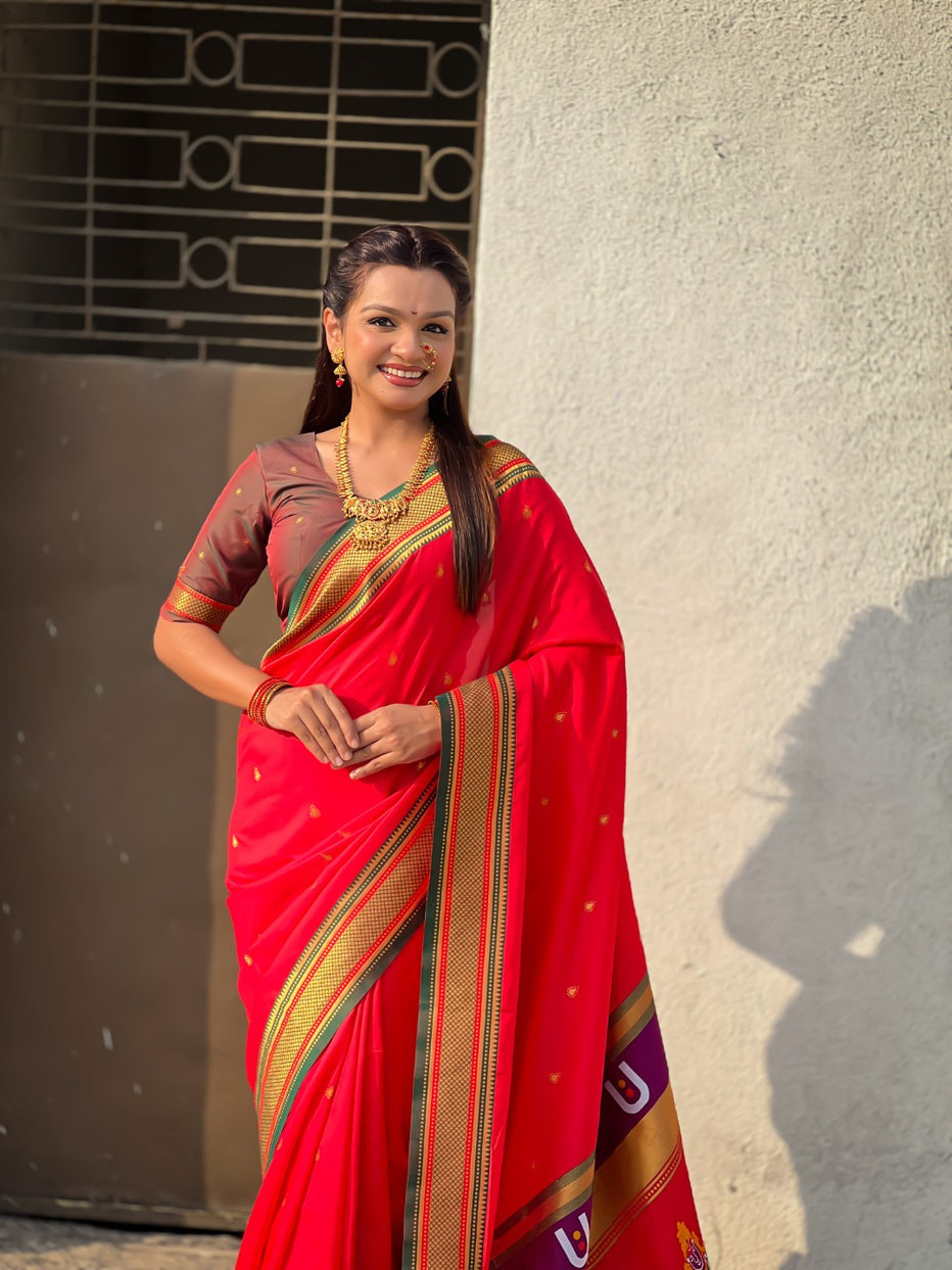Red Pure Rakhumai Silk Vitthala Paithani Soft Silk Saree 