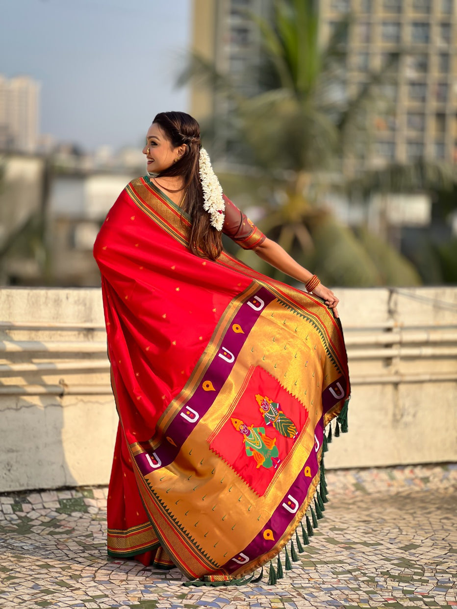Red Pure Rakhumai Silk Vitthala Paithani Soft Silk Saree 