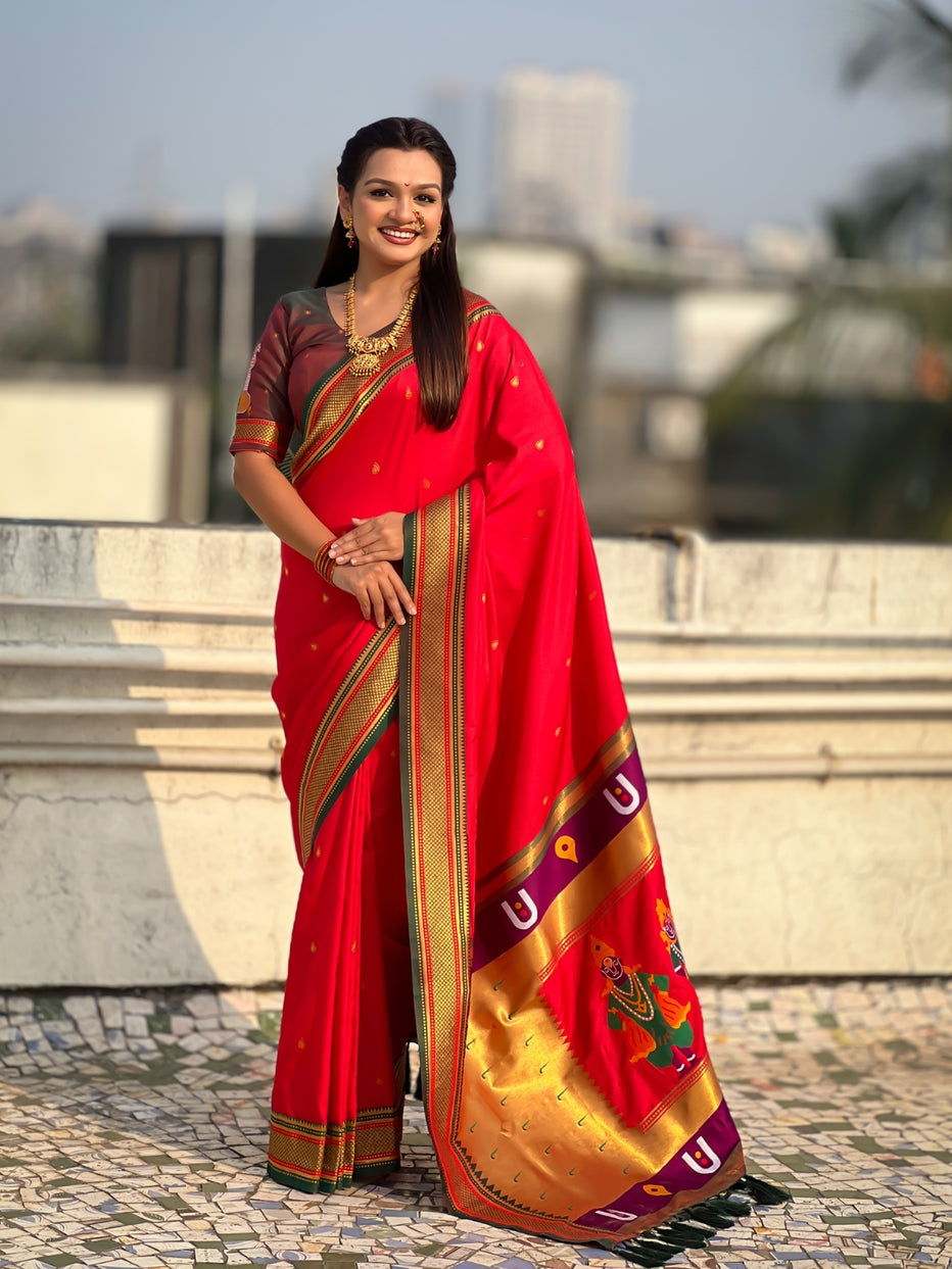 Red Pure Rakhumai Silk Vitthala Paithani Soft Silk Saree 