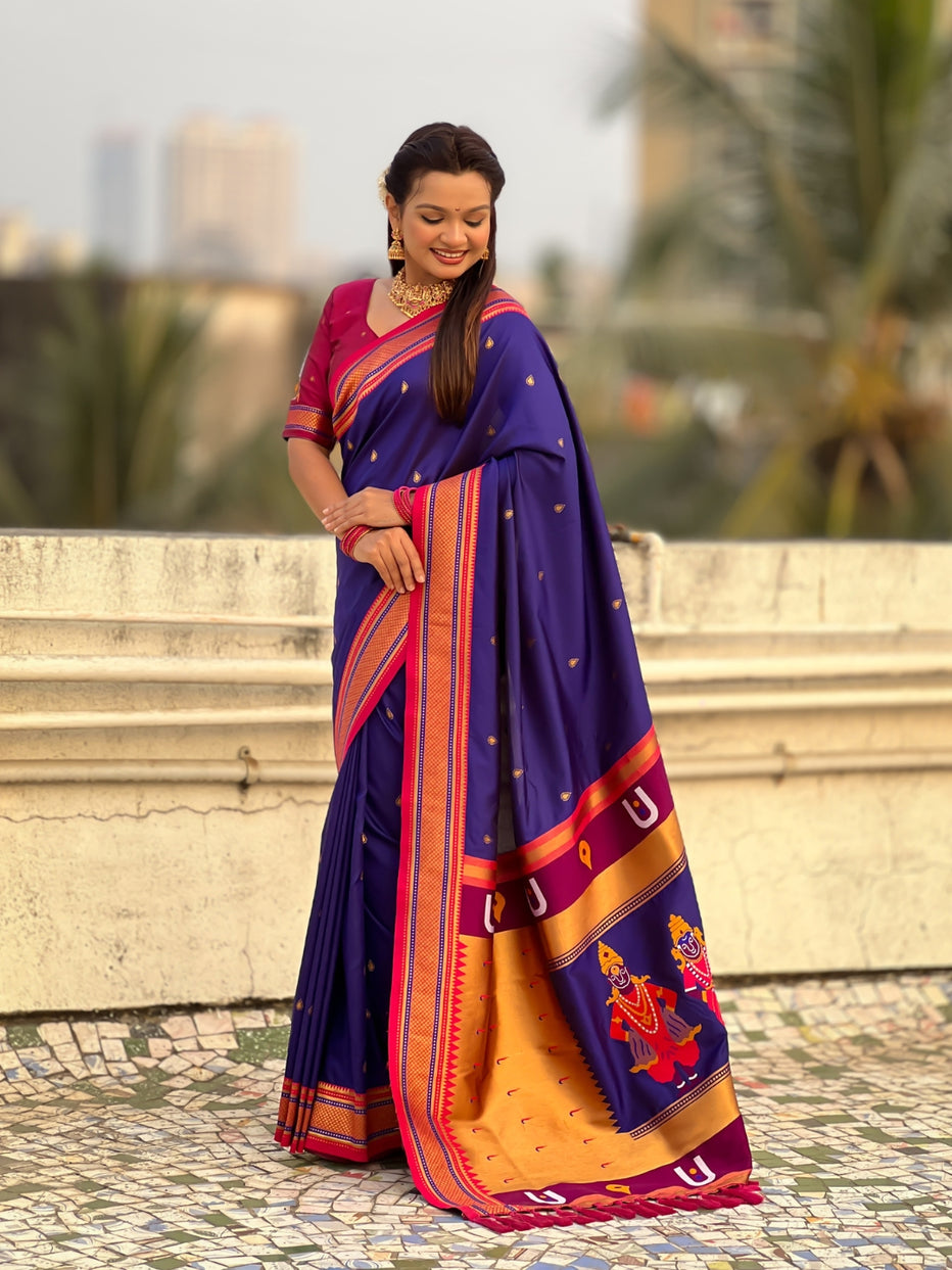 Blue Pure Rakhumai Silk Vitthala Paithani Soft Silk Saree 