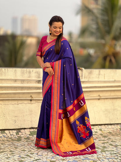Blue Pure Rakhumai Silk Vitthala Paithani Soft Silk Saree 