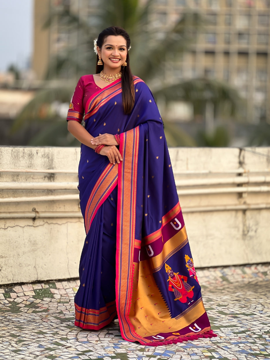 Blue Pure Rakhumai Silk Vitthala Paithani Soft Silk Saree 
