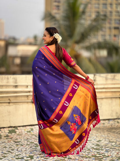 Blue Pure Rakhumai Silk Vitthala Paithani Soft Silk Saree 