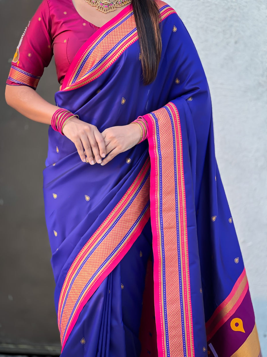 Blue Pure Rakhumai Silk Vitthala Paithani Soft Silk Saree 