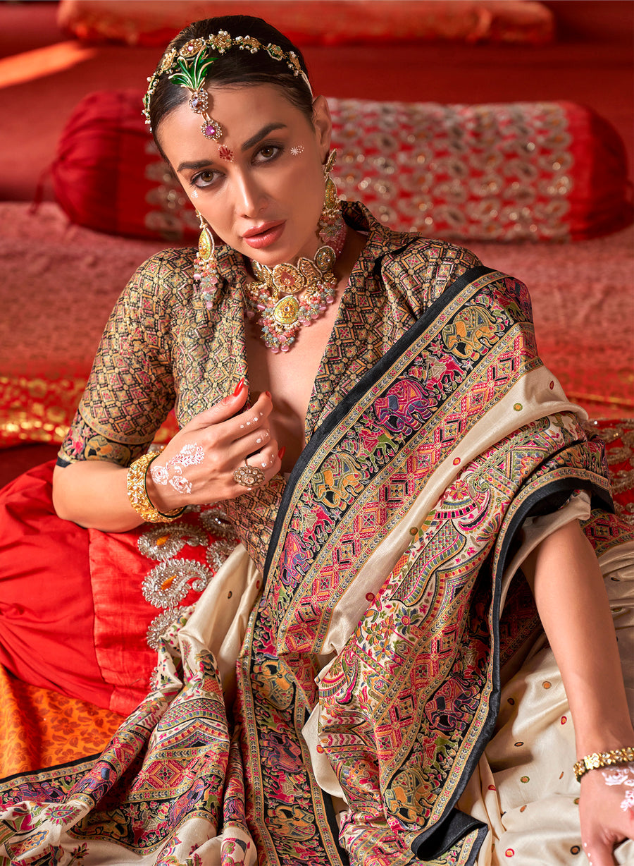 Cream &amp; Black Poly Viscose Silk Polka Dot Banarasi Saree Panetar Saree Anant Tex Exports Pvt.Ltd..