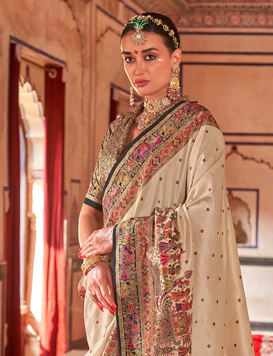 Cream &amp; Black Poly Viscose Silk Polka Dot Banarasi Saree Panetar Saree Anant Tex Exports Pvt.Ltd..