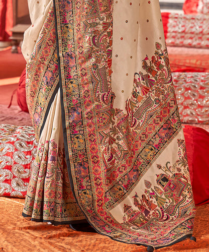 Cream &amp; Black Poly Viscose Silk Polka Dot Banarasi Saree Panetar Saree Anant Tex Exports Pvt.Ltd..