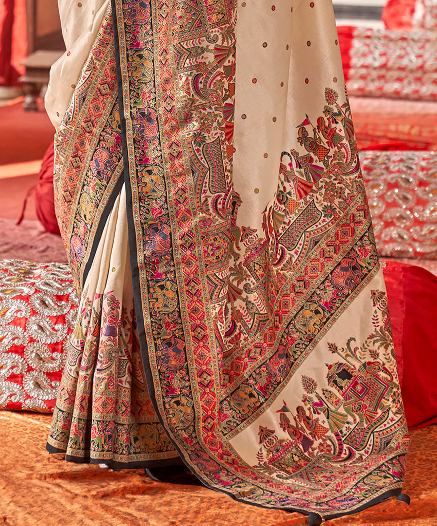 Cream & Black Poly Viscose Silk Polka Dot Banarasi Saree