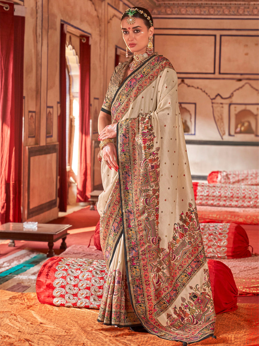 Cream &amp; Black Poly Viscose Silk Polka Dot Banarasi Saree Panetar Saree Anant Tex Exports Pvt.Ltd..