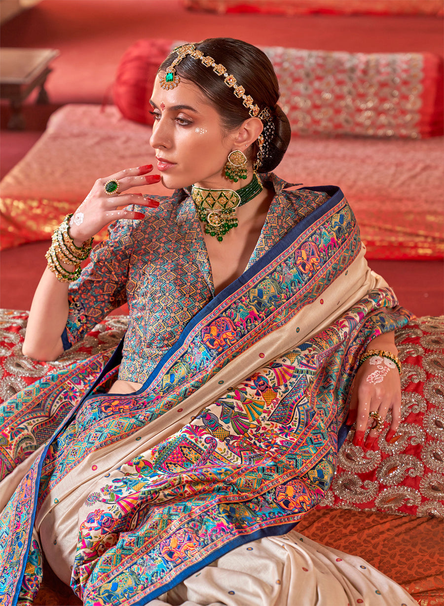 Cream & BluePoly Viscose Silk Polka Dot Banarasi Saree