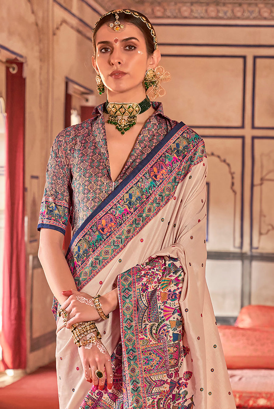 Cream & BluePoly Viscose Silk Polka Dot Banarasi Saree