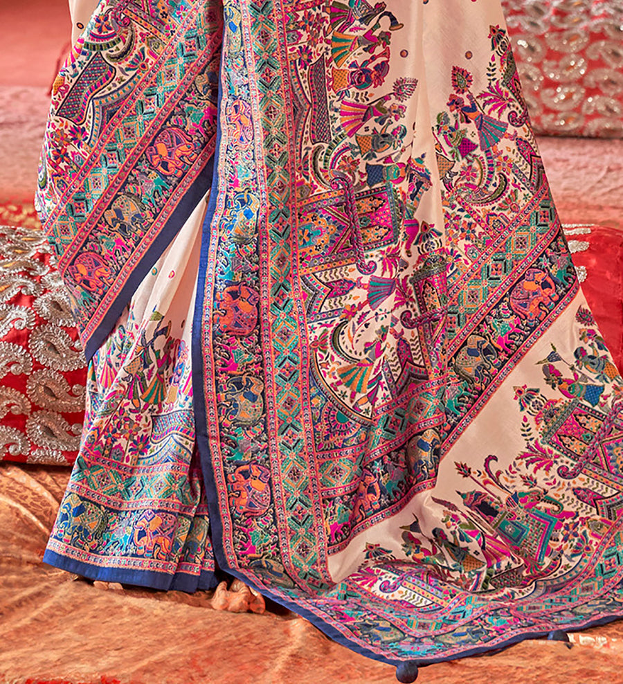 Cream & BluePoly Viscose Silk Polka Dot Banarasi Saree