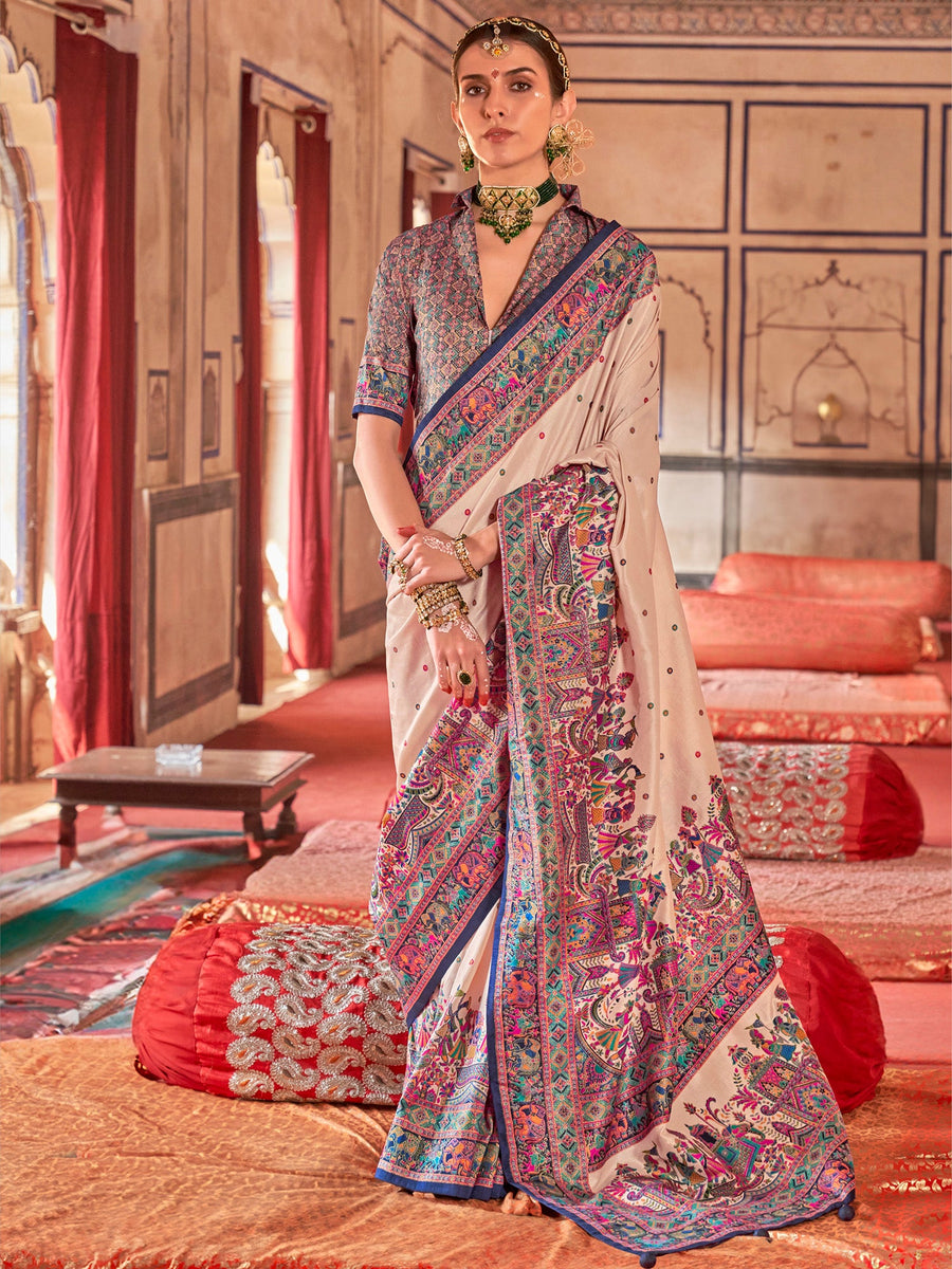 Cream & BluePoly Viscose Silk Polka Dot Banarasi Saree
