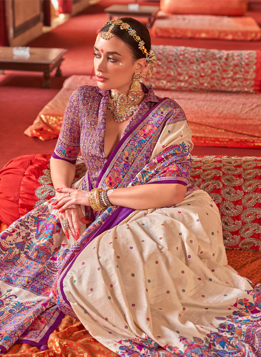 Cream & Purple Poly Viscose Silk Polka Dot Banarasi Saree