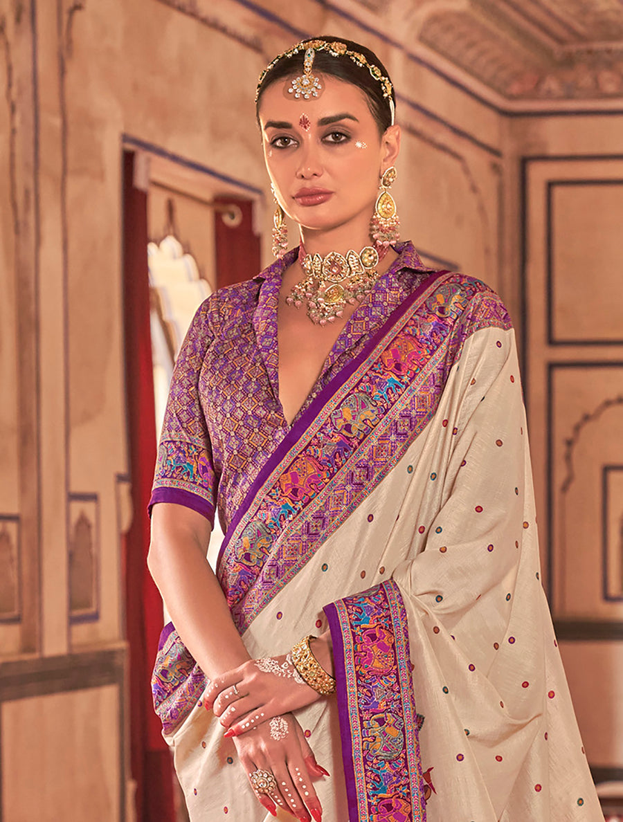 Cream & Purple Poly Viscose Silk Polka Dot Banarasi Saree