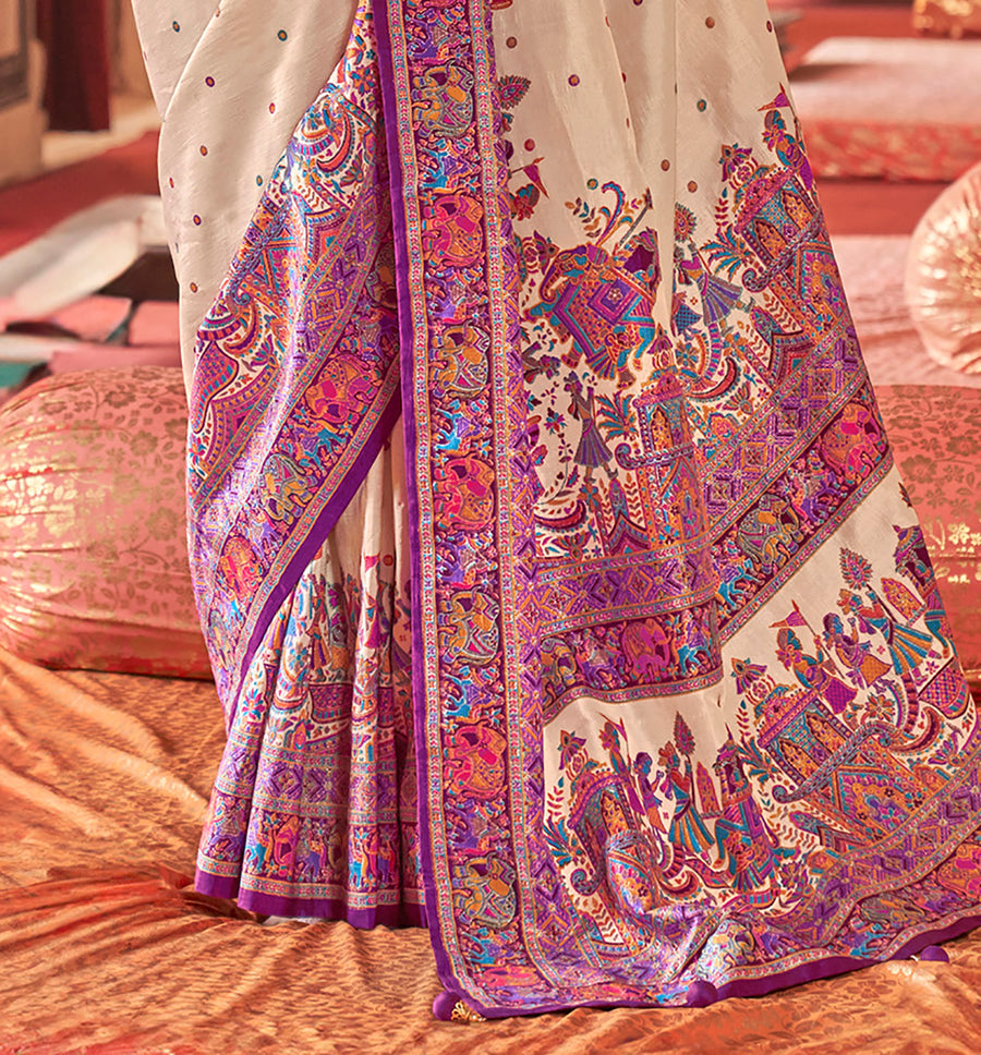 Cream &amp; Purple Poly Viscose Silk Polka Dot Banarasi Saree Panetar Saree Anant Tex Exports Pvt.Ltd..