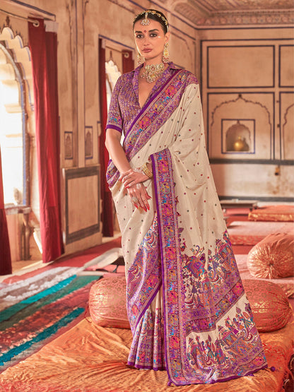 Cream &amp; Purple Poly Viscose Silk Polka Dot Banarasi Saree Panetar Saree Anant Tex Exports Pvt.Ltd..