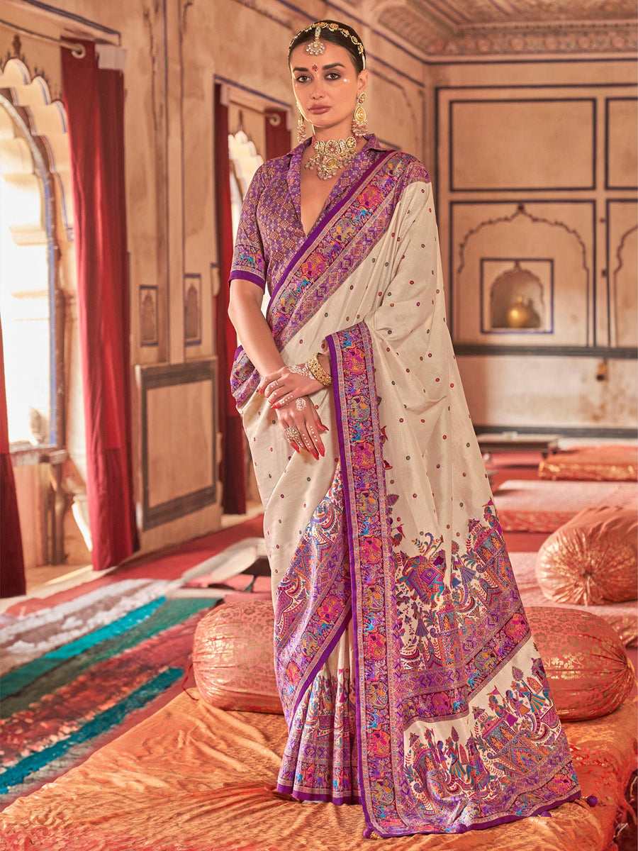 Cream & Purple Poly Viscose Silk Polka Dot Banarasi Saree