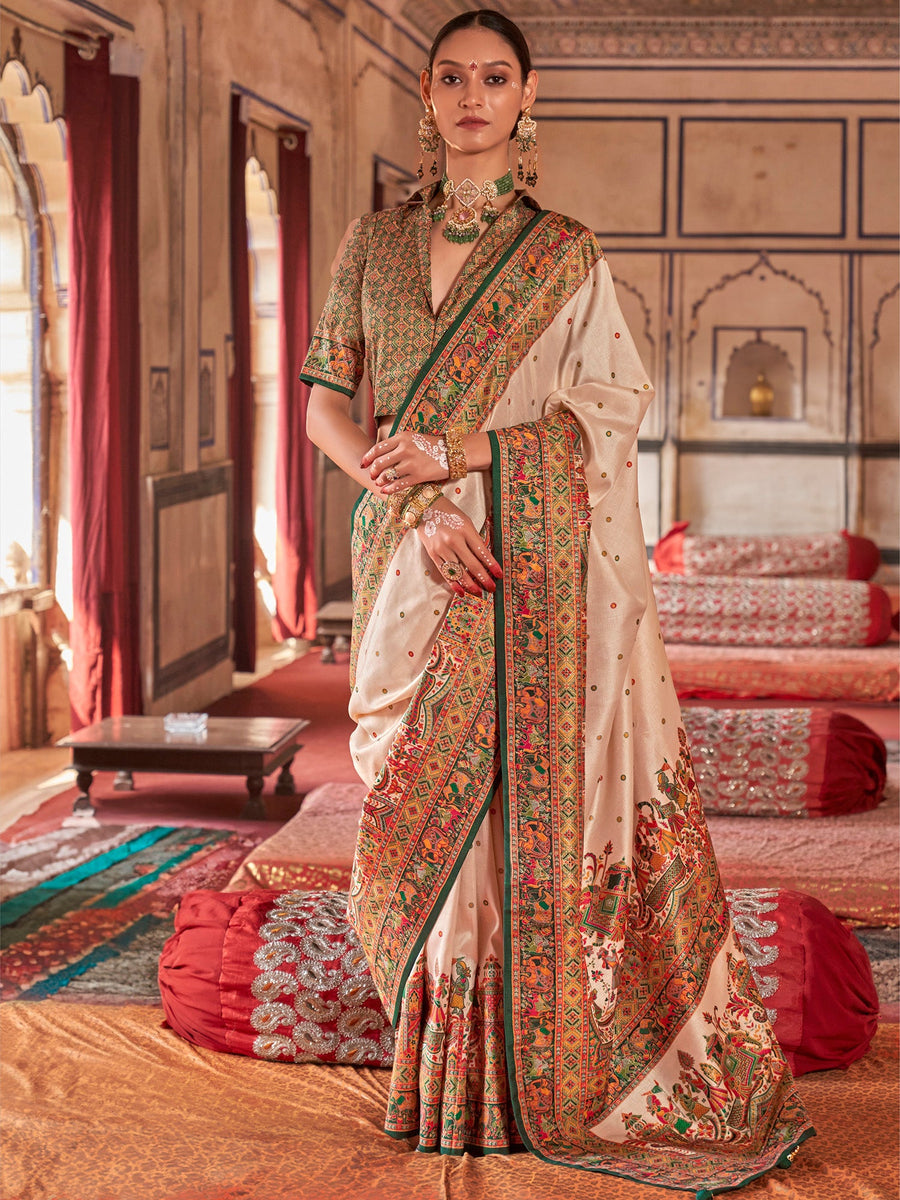 Cream & Green Poly Viscose Silk Polka Dot Banarasi Saree