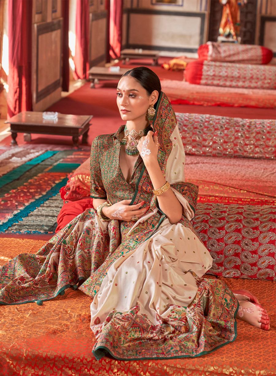 Cream & Green Poly Viscose Silk Polka Dot Banarasi Saree